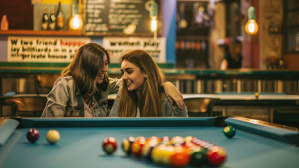 Two friend happy women play billiards in a private house table adult togetherness.