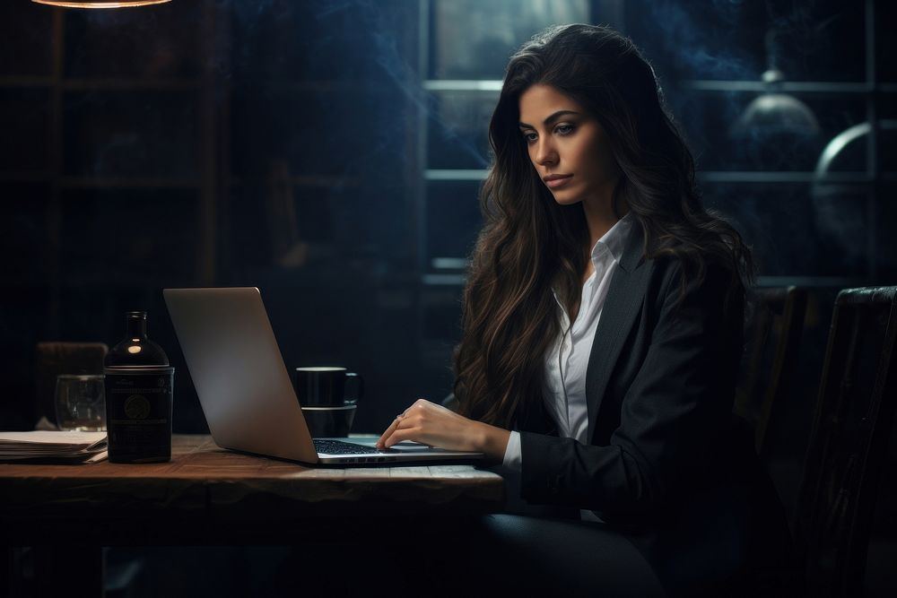 Business woman laptop computer portrait.