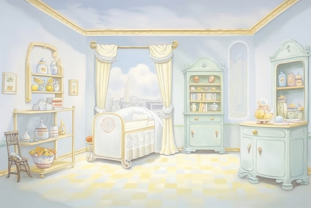 Painting of Baby room border furniture chair bed.