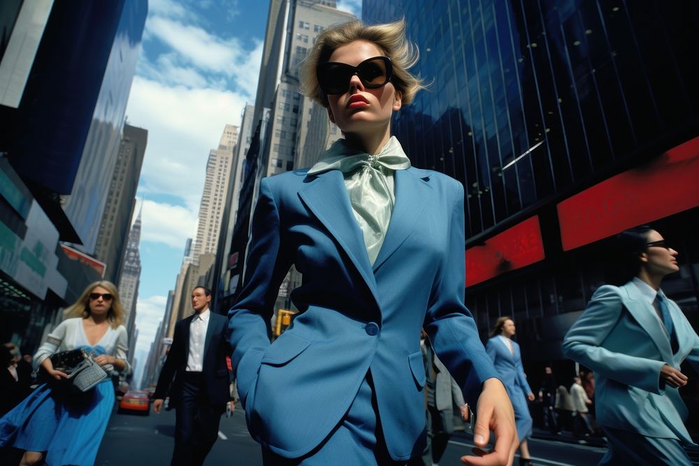 Businesswomen walking down a busy city street sunglasses portrait adult.