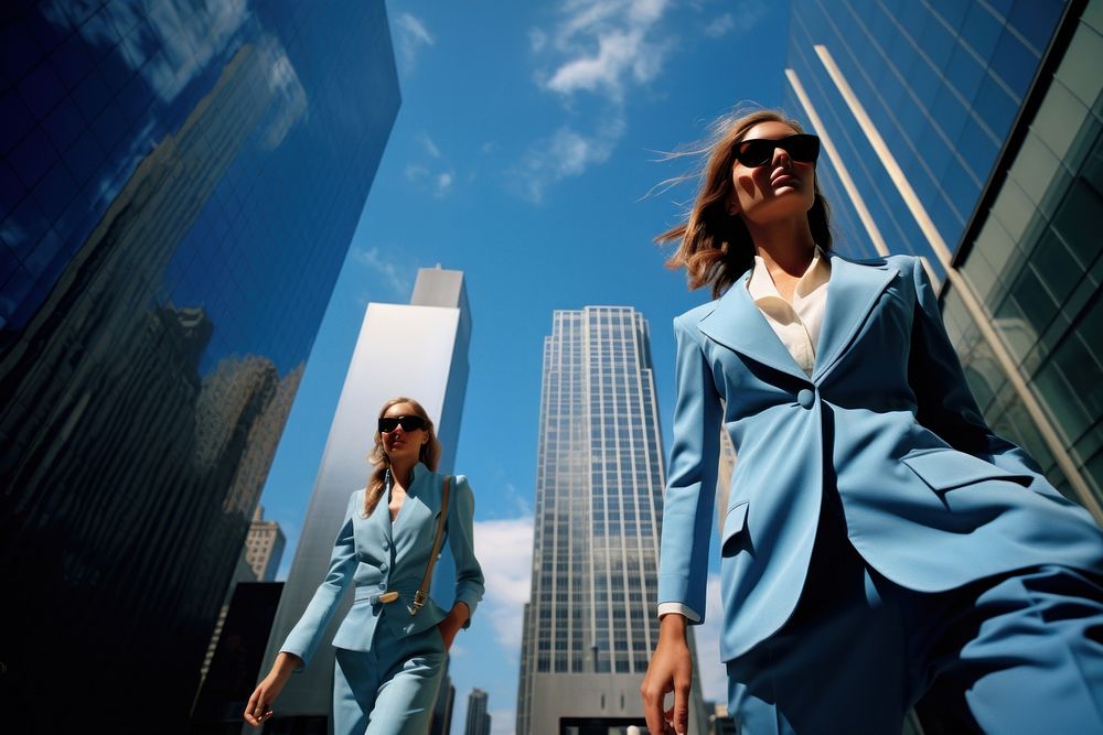 Businesswomen walking down a busy city street architecture sunglasses adult.