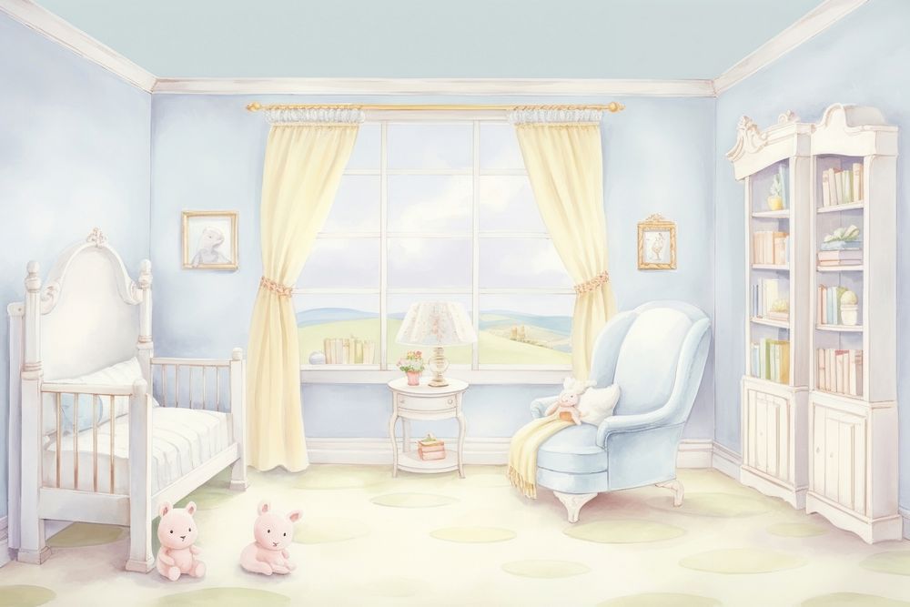 Painting of Baby room border furniture nursery chair.