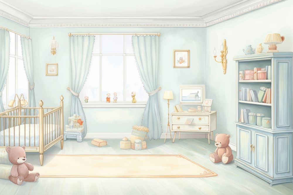 Painting of Baby room border furniture nursery crib.