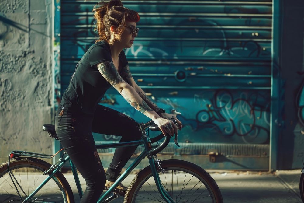 Female cyclist riding a bike with tattoos bicycle vehicle cycling.