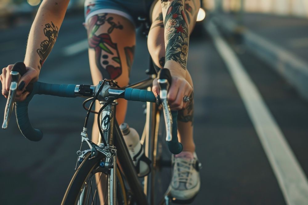 Female cyclist riding a bike with tattoos bicycle vehicle cycling.