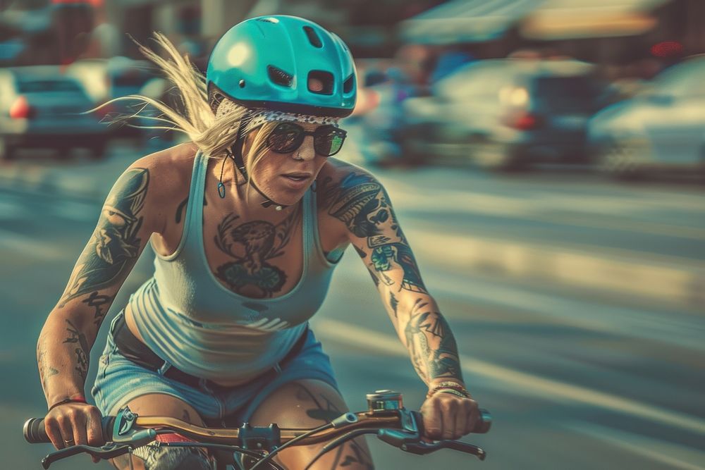 Female cyclist riding a bike with tattoos vehicle bicycle cycling.