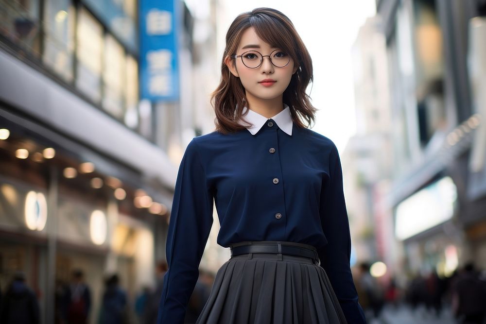 Portrait glasses blouse skirt.