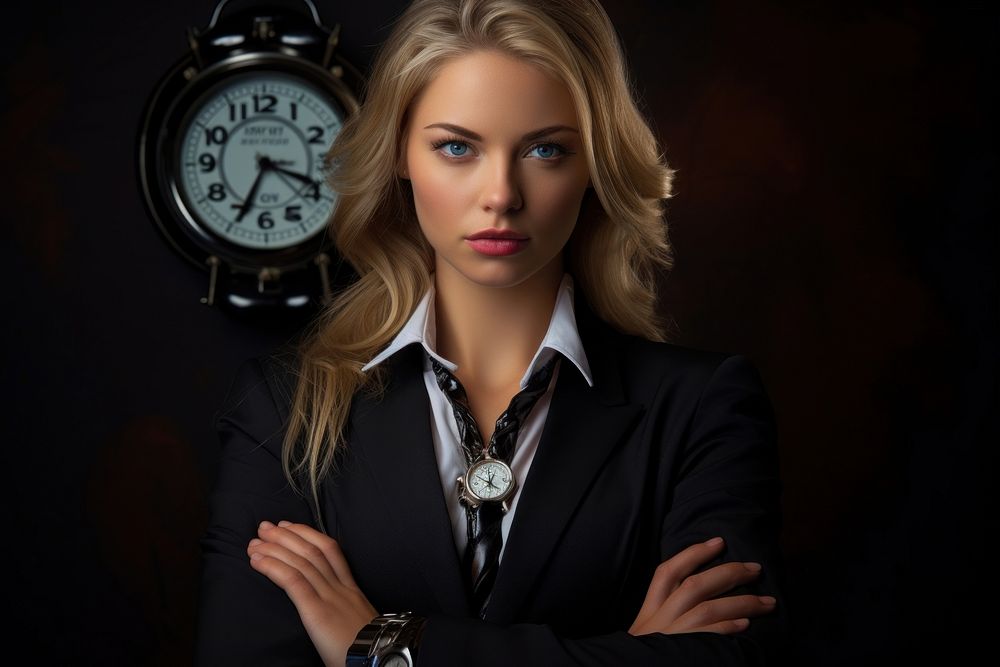 Handsome businesswomen in a suit touching his tie wearing expensive clock No arguments portrait adult photography.