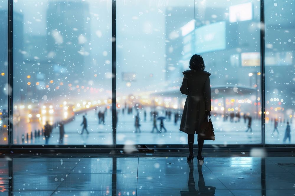A business women dressed in formal clothes in front of a floor-to-ceiling window in an office adult snow contemplation.