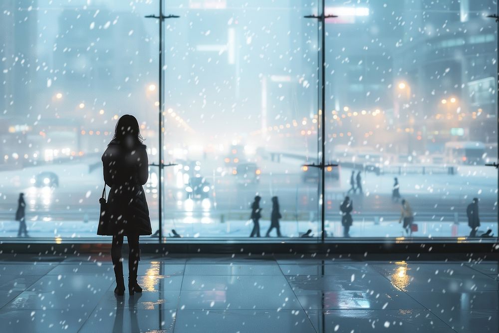 A business women dressed in formal clothes in front of a floor-to-ceiling window in an office adult snow rain.