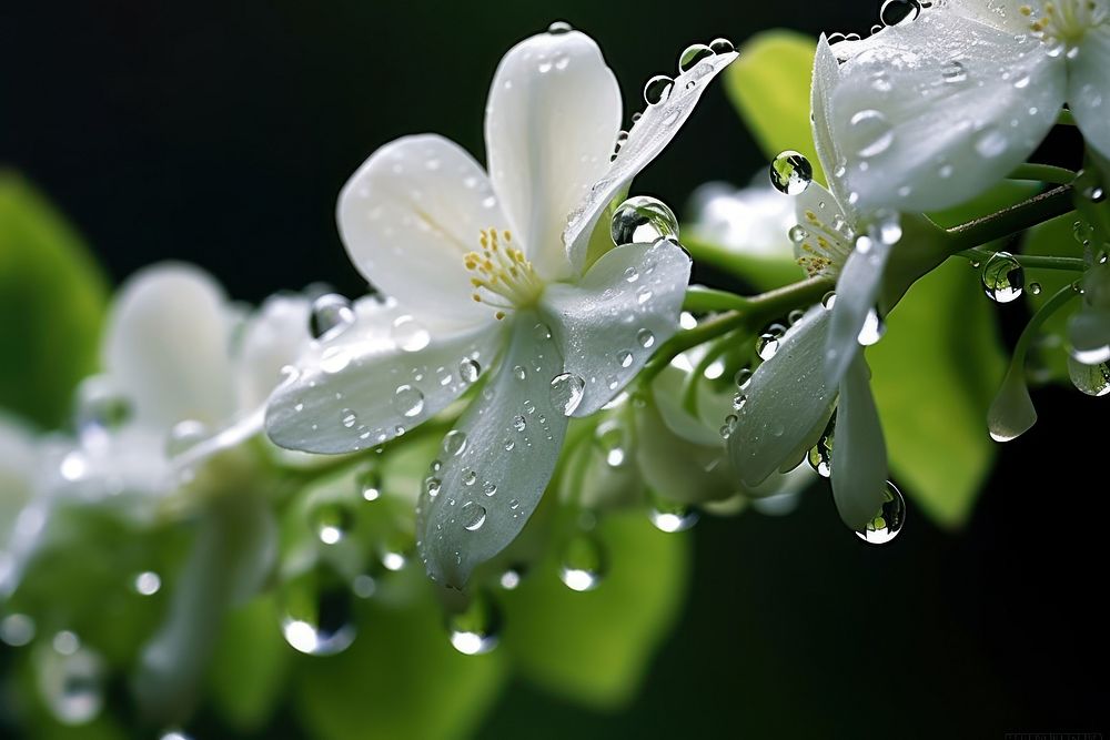 Jasmine with dew outdoors blossom droplet.