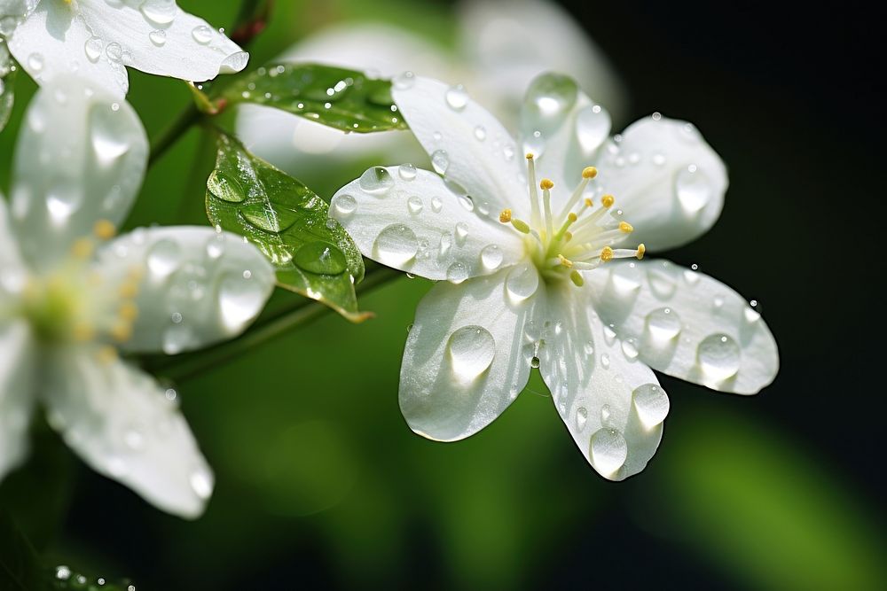 Jasmine with dew outdoors blossom droplet.