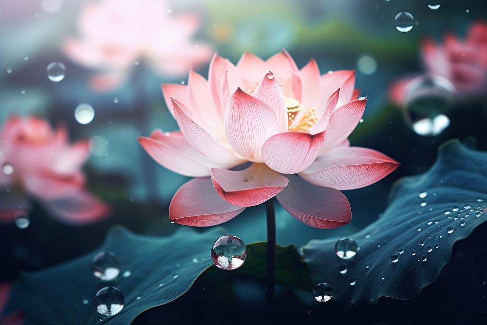 Lotus with dew outdoors blossom flower.