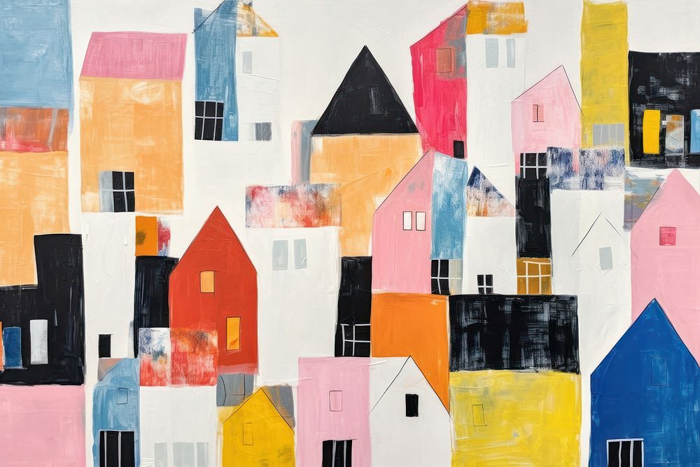 Minimal simple houses collage art painting.