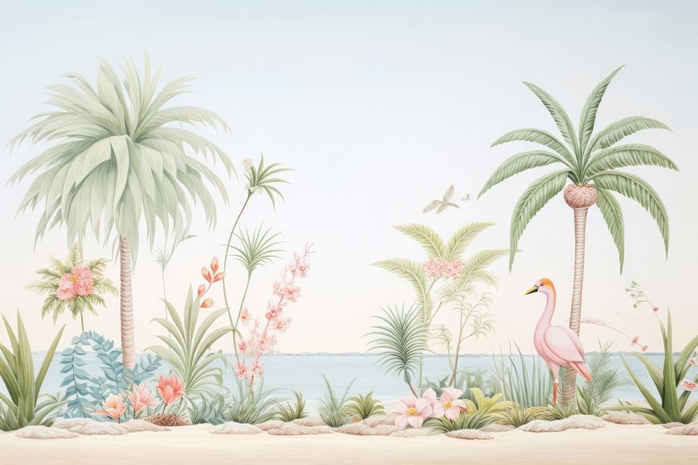 Painting of Tropical plants border flamingo outdoors nature.