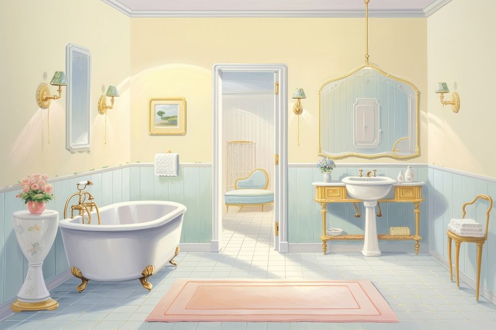 Painting of Bathroom border bathroom furniture bathtub.