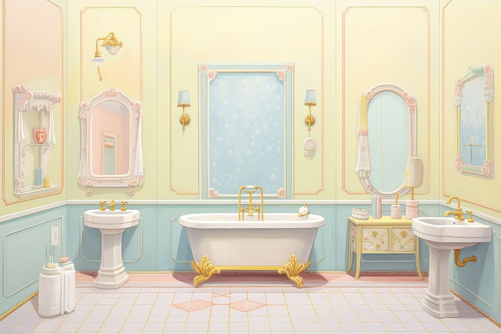 Painting of Bathroom border bathroom bathtub sink.