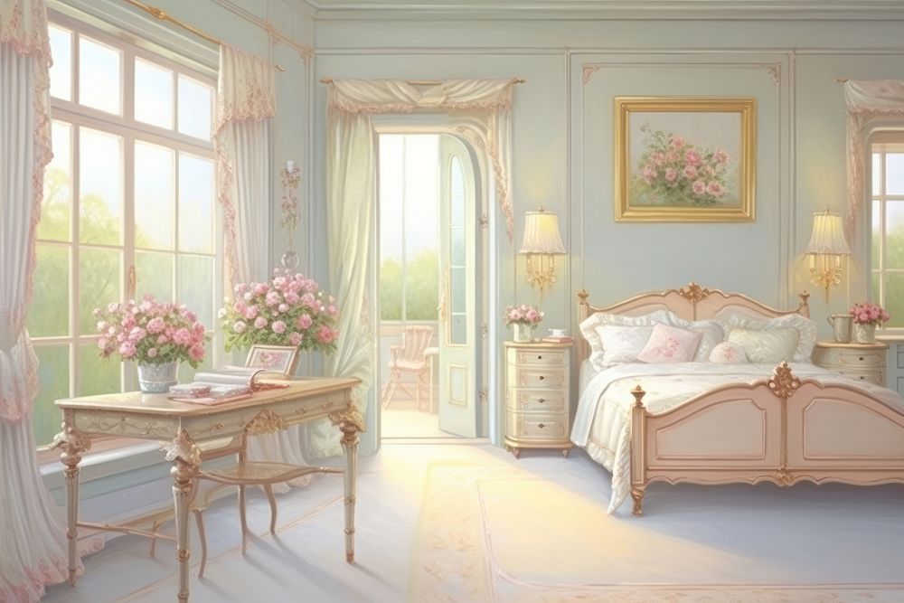 Painting of Bedroom border bedroom furniture window.