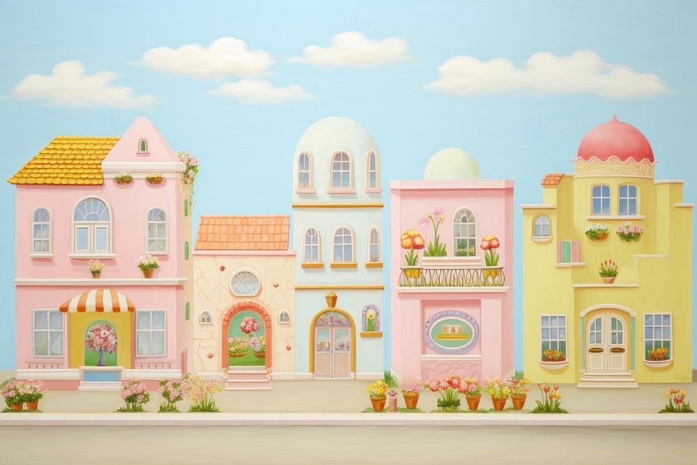Painting of buildings flowerborder architecture house toy.