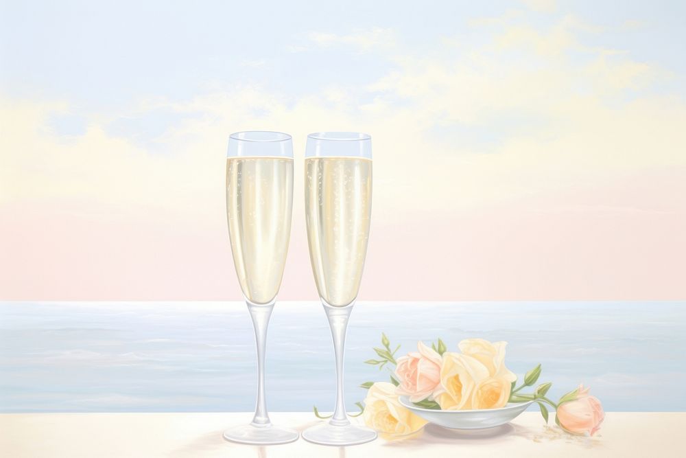 Painting of champagne border nature glass drink.