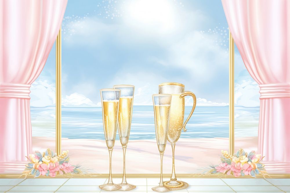 Painting of champagne border glass drink togetherness.