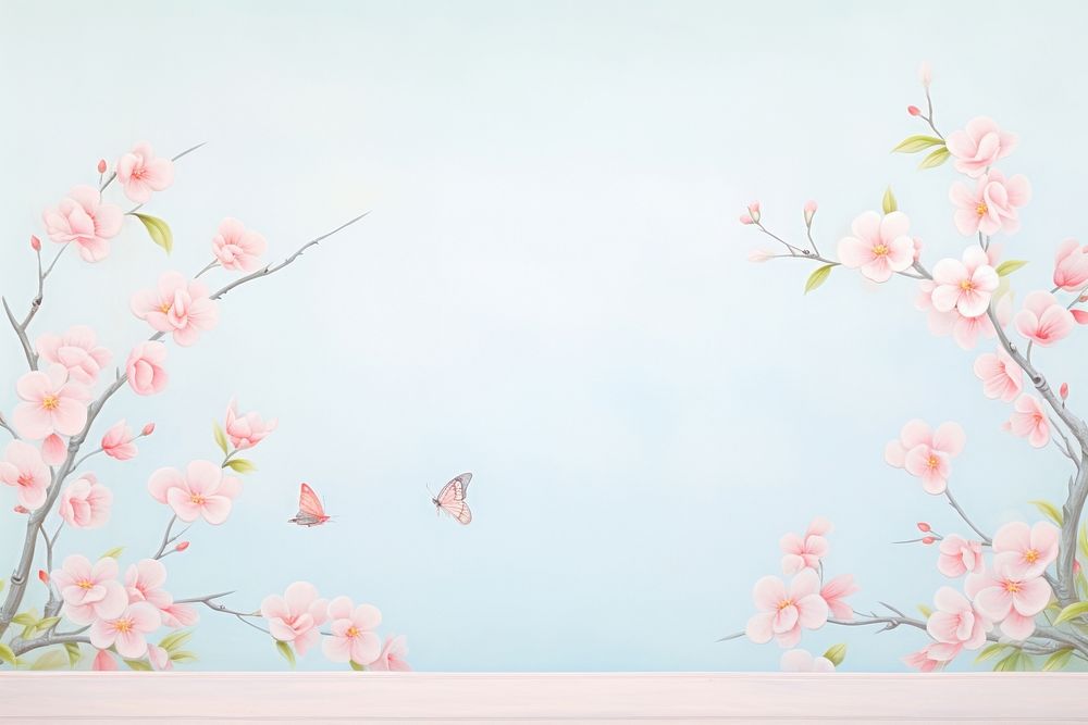 Painting of Cherry blossom border flower plant wall.
