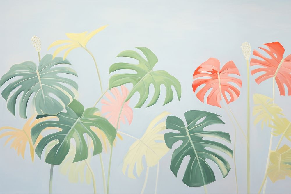 Painting of colorful Monstera border backgrounds plant leaf.