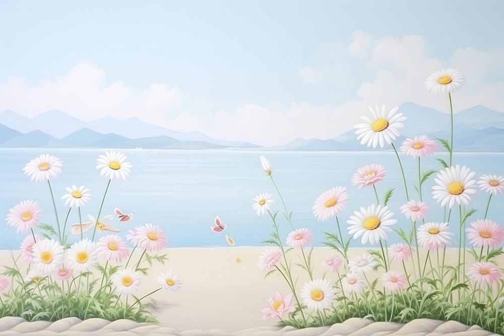 Painting of daisy border outdoors nature flower.