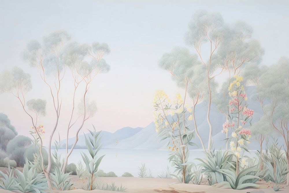 Painting of Eucalyptus border landscape outdoors drawing.