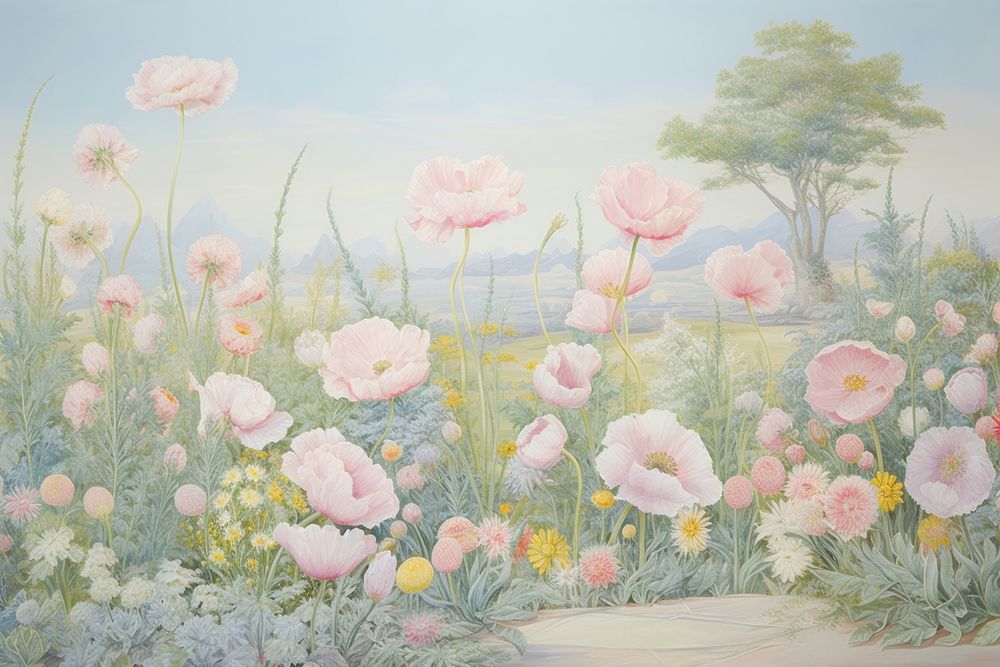 Painting of garden border outdoors flower plant.