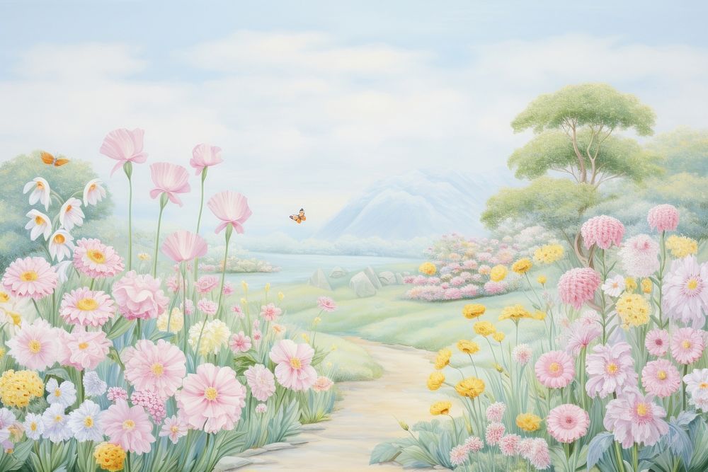 Painting of garden border outdoors nature flower.
