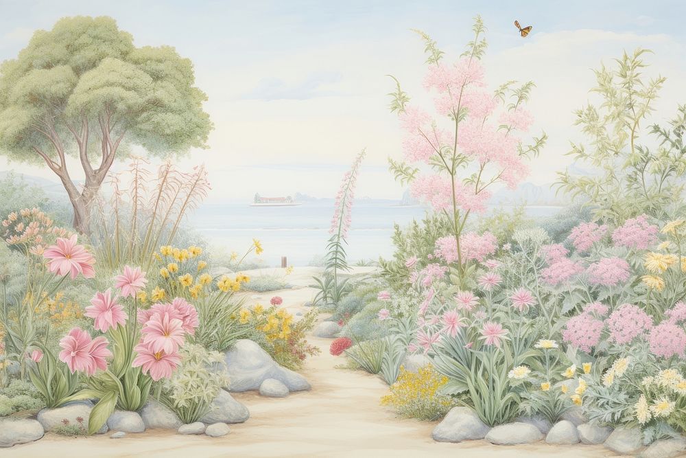Painting of garden border outdoors nature flower.