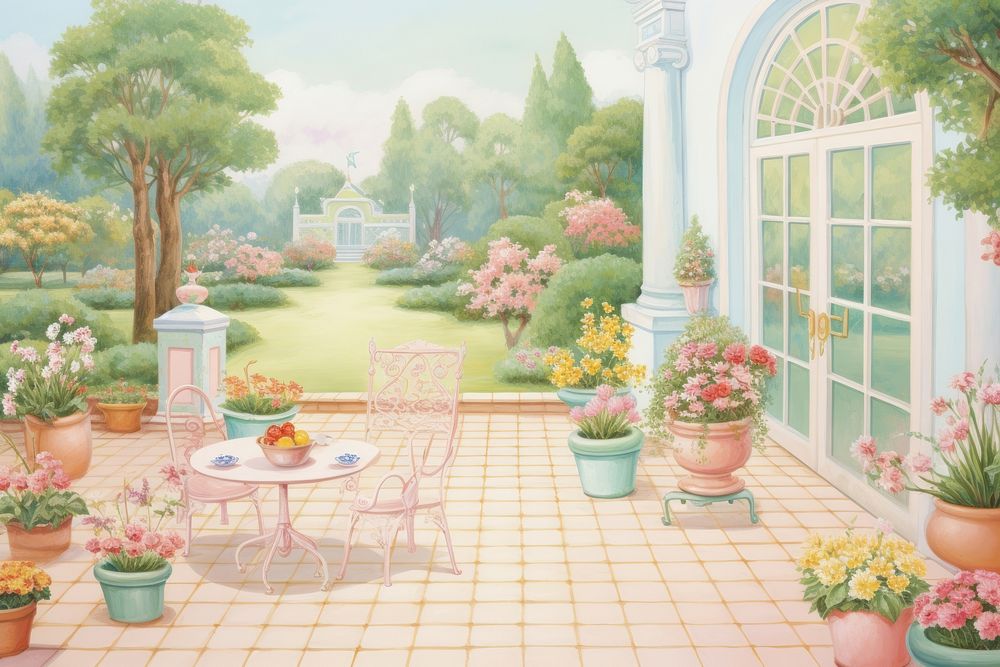 Painting of Garden vintage aesthetic architecture building outdoors.