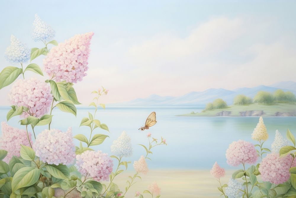Painting of hydrangea border landscape outdoors nature.