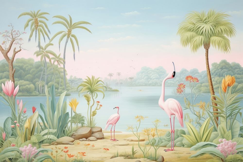 PNG Painting of jungle border flamingo outdoors nature.