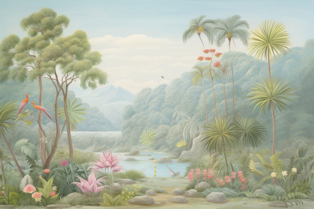 Painting of jungle border outdoors nature forest.