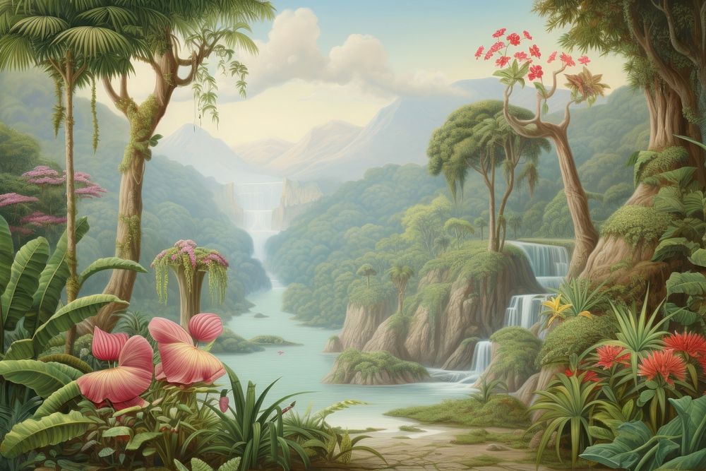 Painting of jungle border landscape waterfall outdoors.