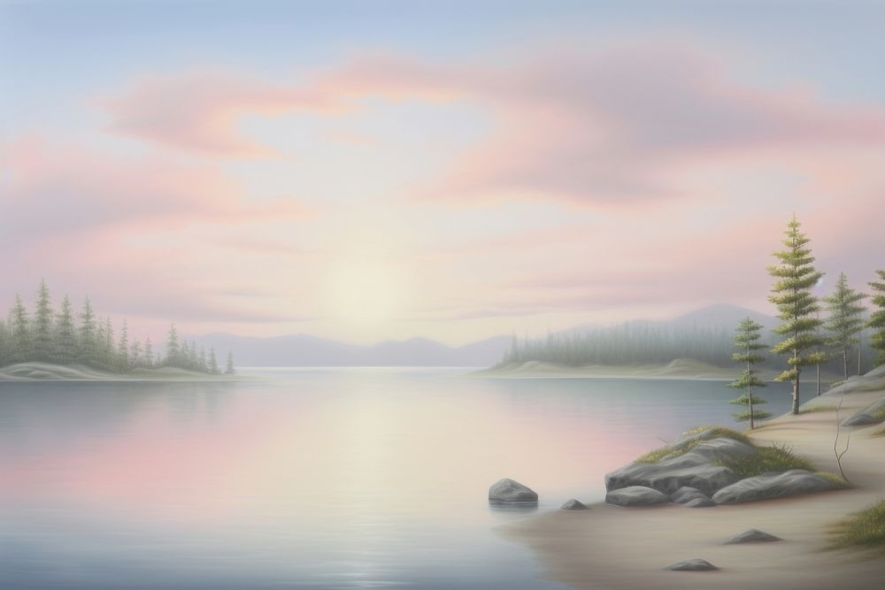 Painting of Lake border lake landscape outdoors.