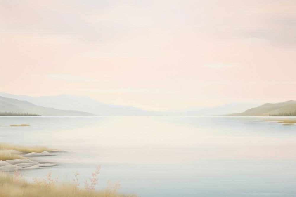 Painting of Lake border landscape outdoors horizon.
