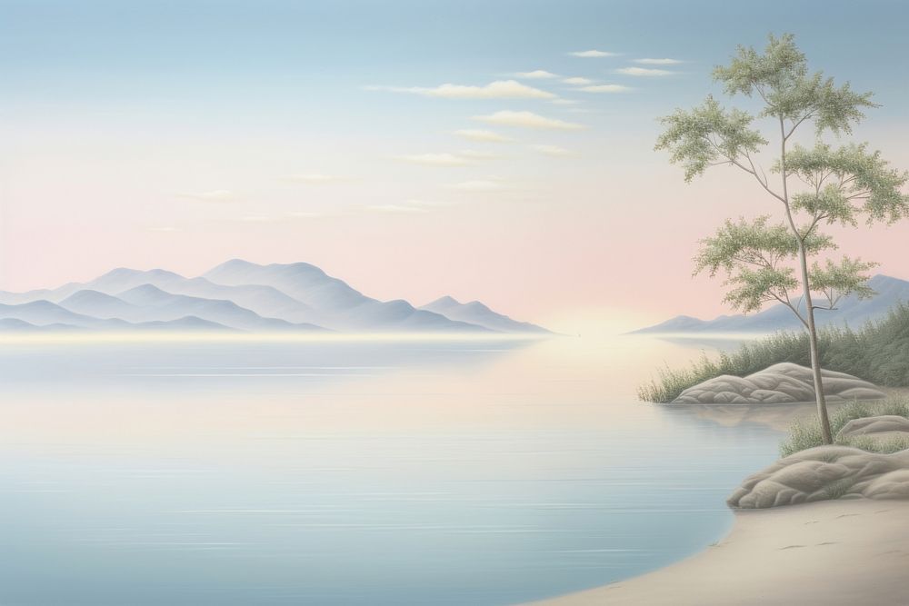 Painting of Lake border landscape outdoors nature.