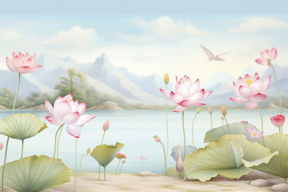 Painting of lotus border outdoors nature flower.
