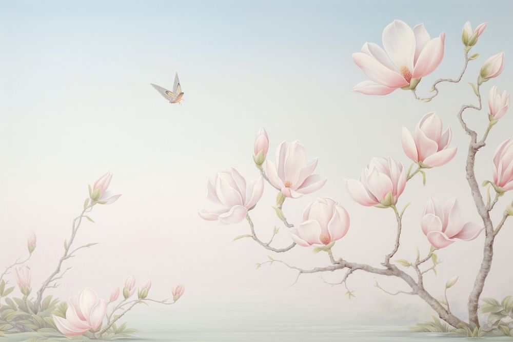 Painting of magnolia border blossom flower plant.