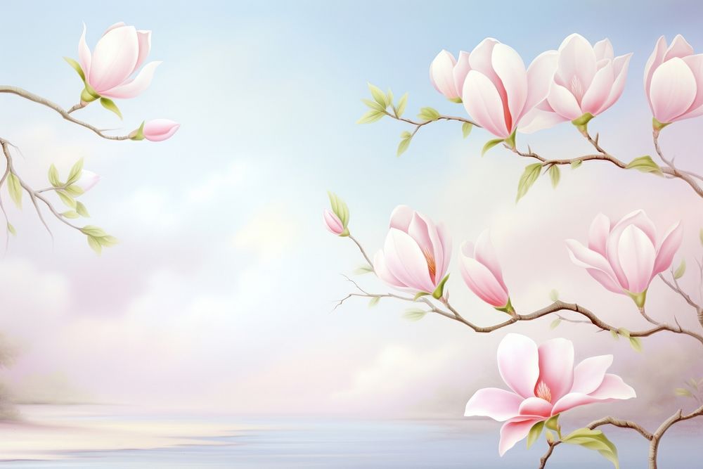 Painting of magnolia border outdoors blossom nature.