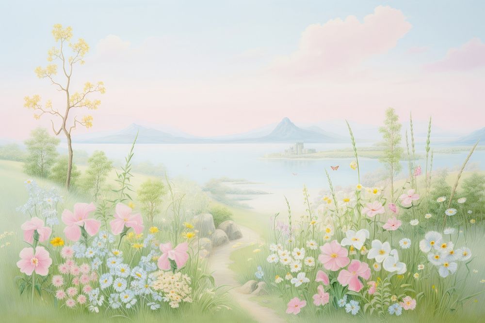 Painting of Meadow border landscape outdoors nature.
