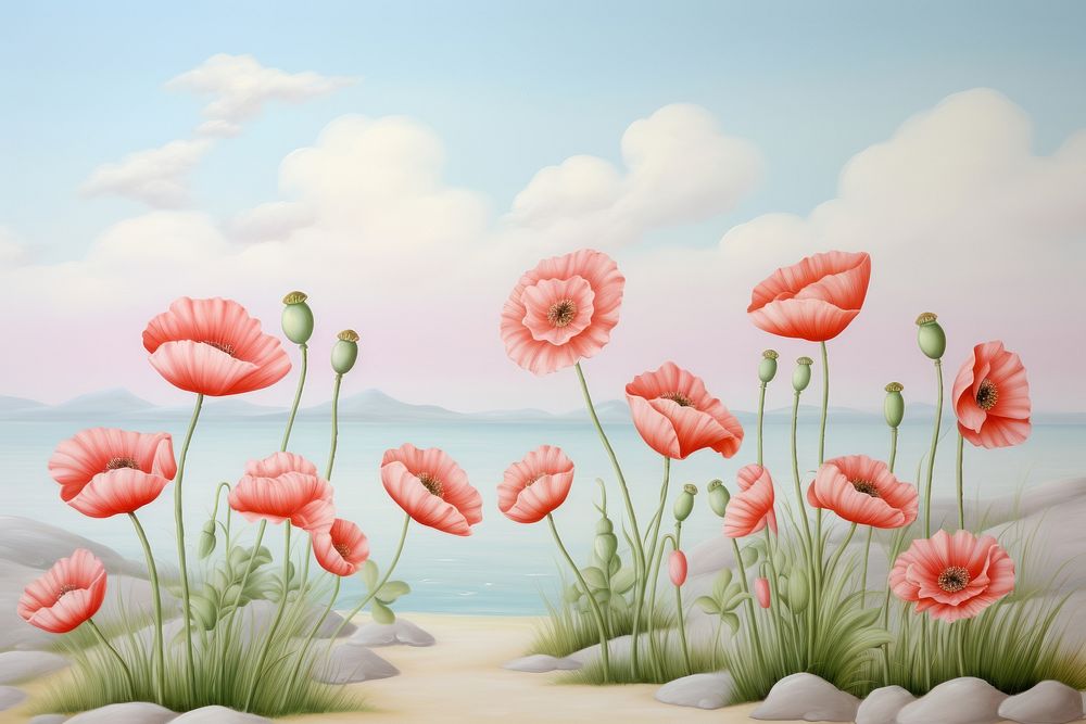 Painting of Poppy border poppy outdoors flower.