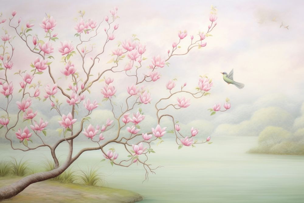 PNG Painting of redbud tree spring border blossom flower plant.