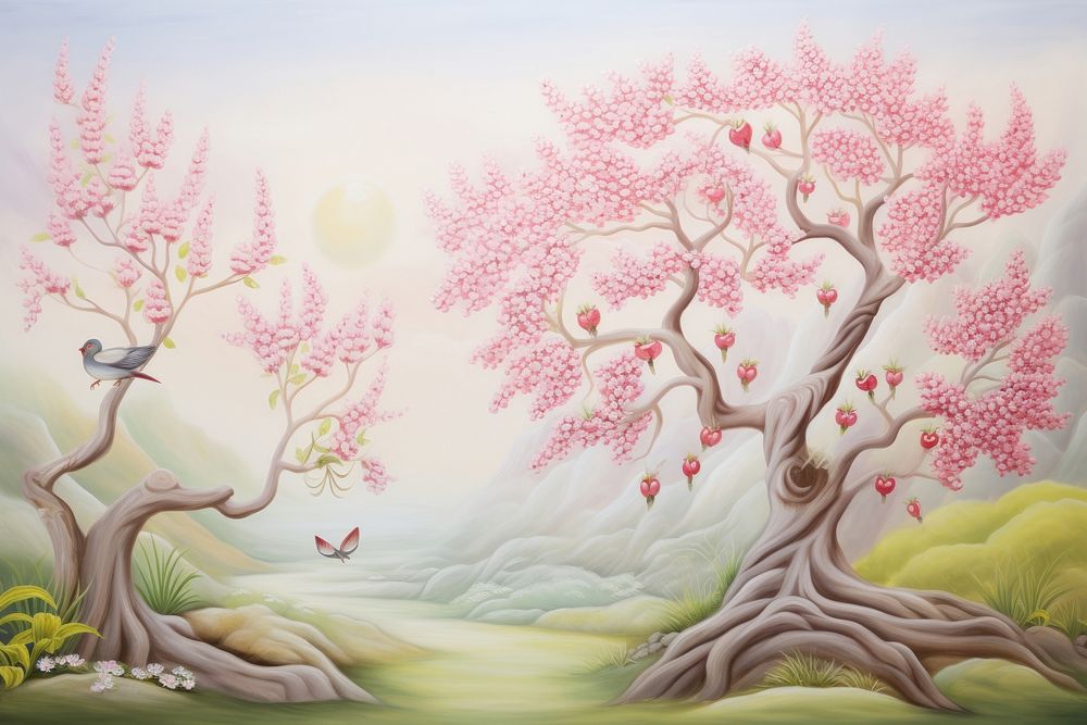 PNG Painting of redbud tree spring border plant art tranquility.