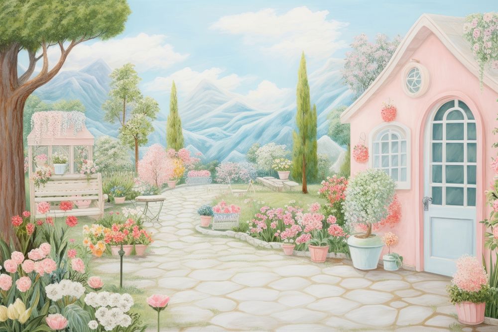 Painting ofGarden architecture building outdoors.