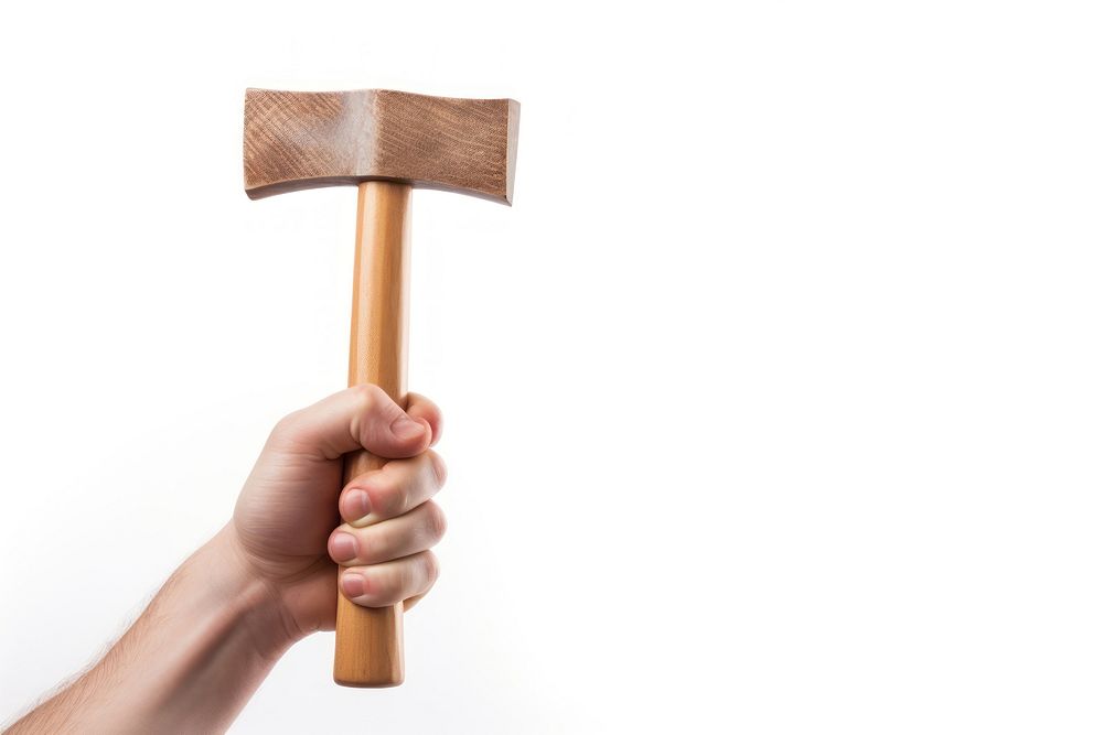 Person holding hammer tool white background sweeping.