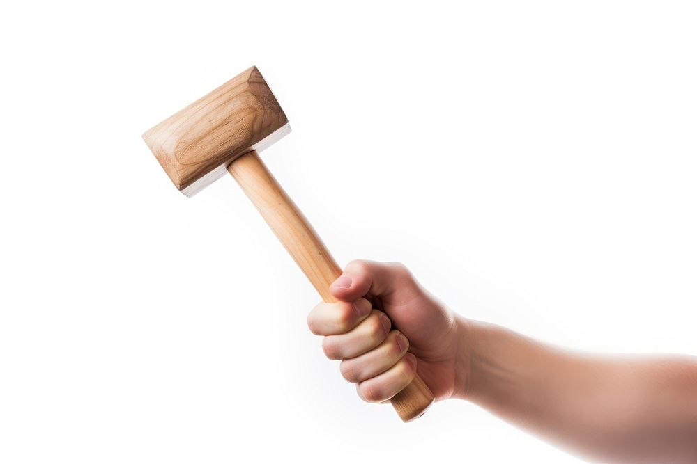 Person holding hammer tool white background standing.